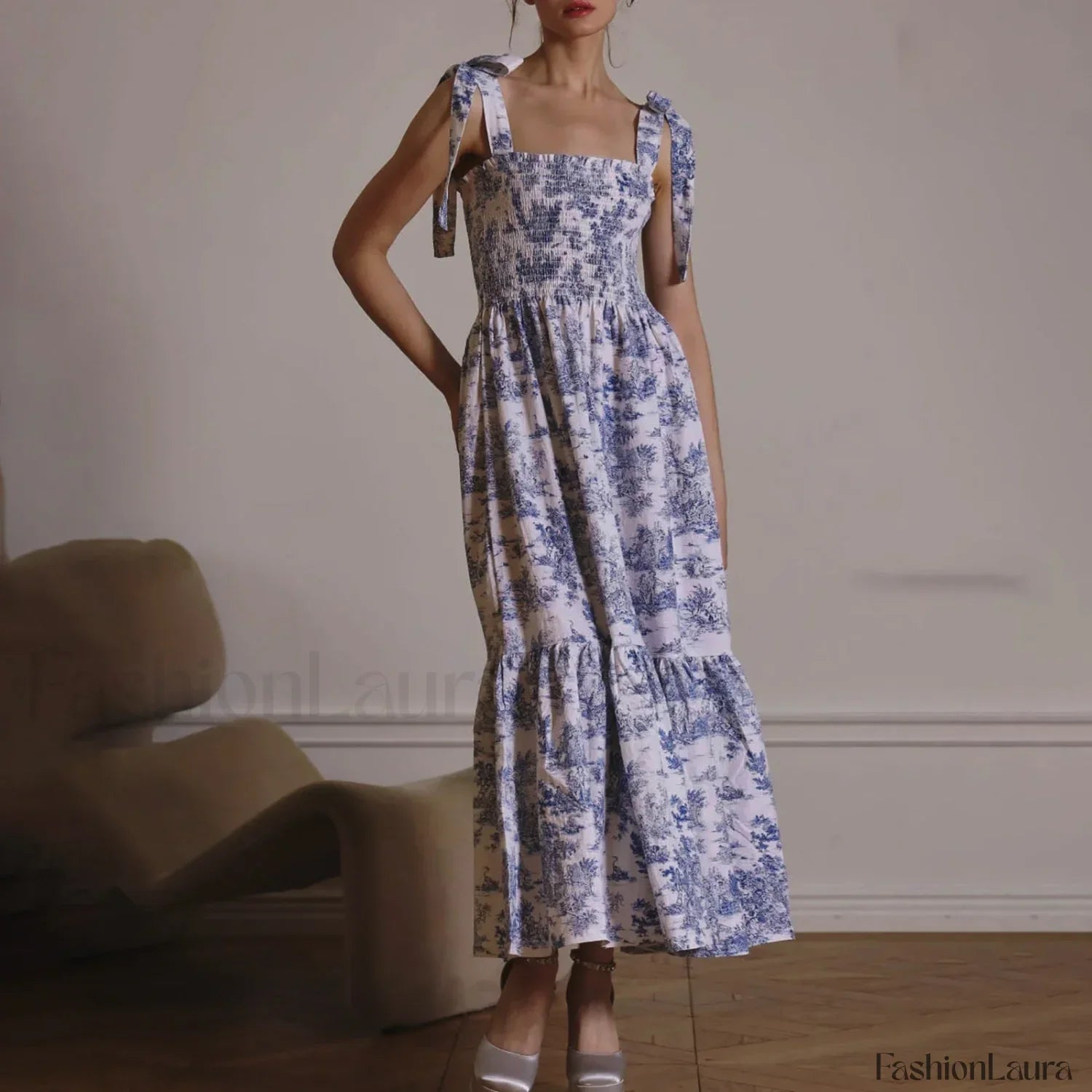 Bow-Strap Floral Smocked Midi Dress