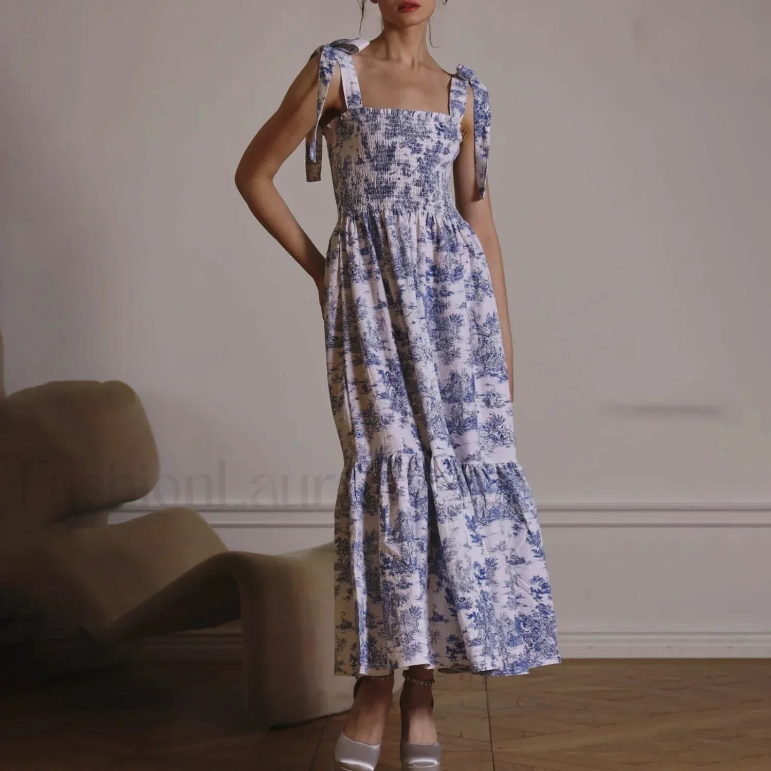 Bow-Strap Floral Smocked Midi Dress