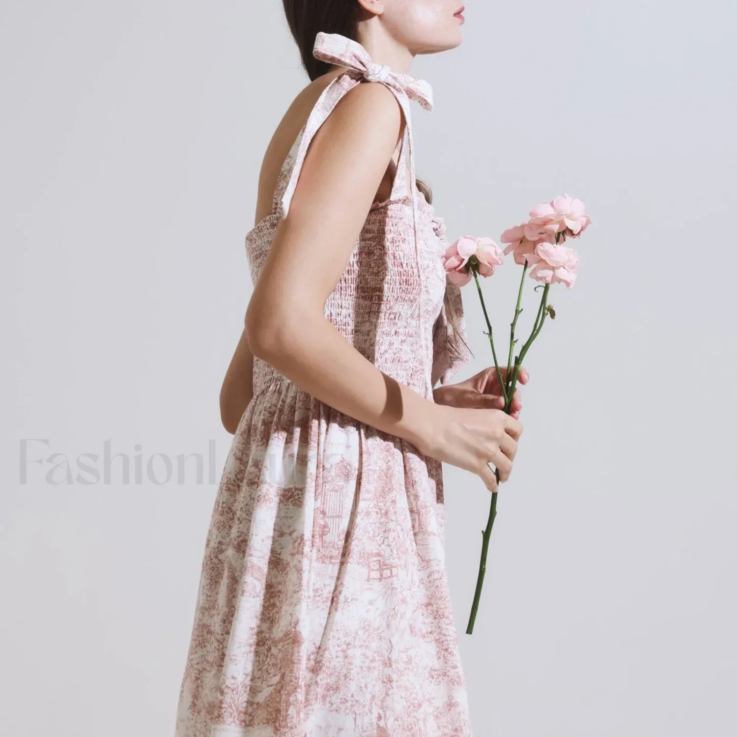 Bow-Strap Floral Smocked Midi Dress