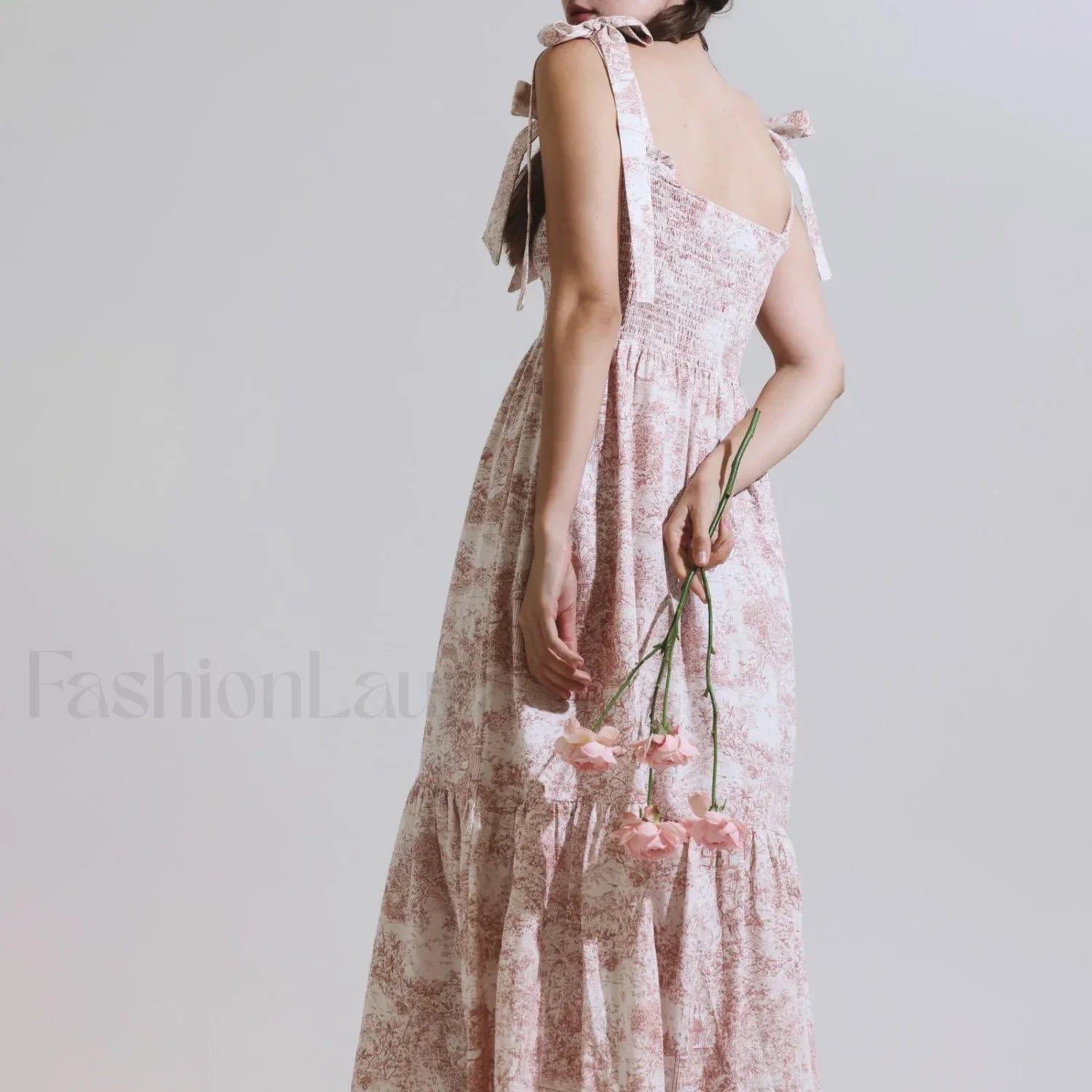 Bow-Strap Floral Smocked Midi Dress