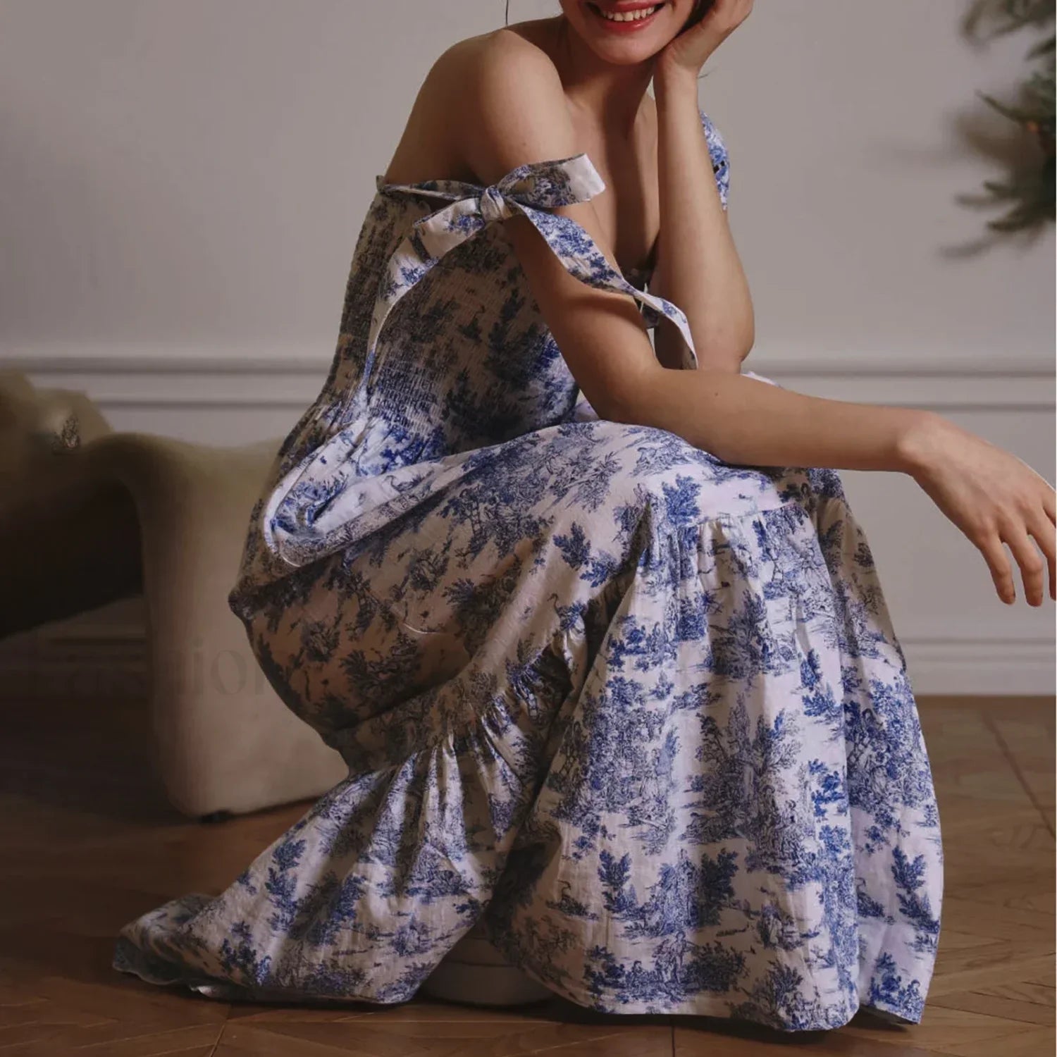 Bow-Strap Floral Smocked Midi Dress