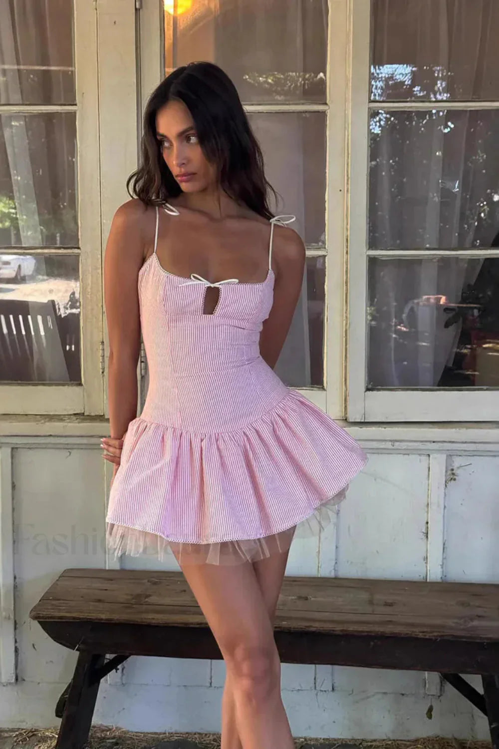 Bow Tie Mesh Cami Puff  Mini Dress