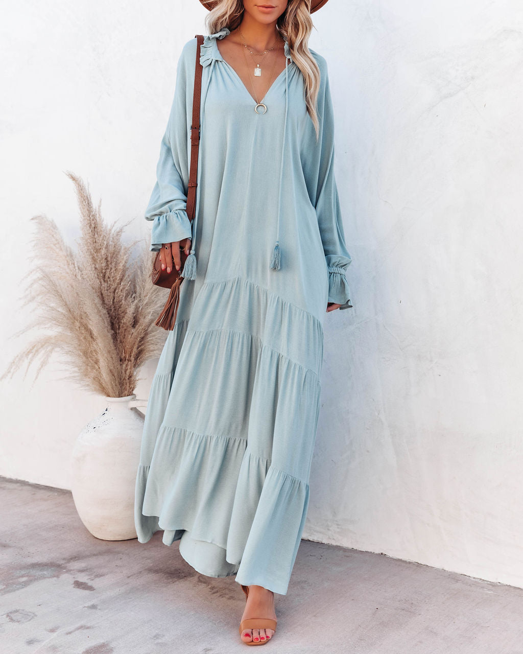 Bowdan Tiered Boho Maxi Dress Light Blue