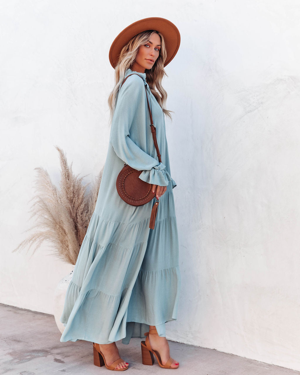 Bowdan Tiered Boho Maxi Dress Light Blue