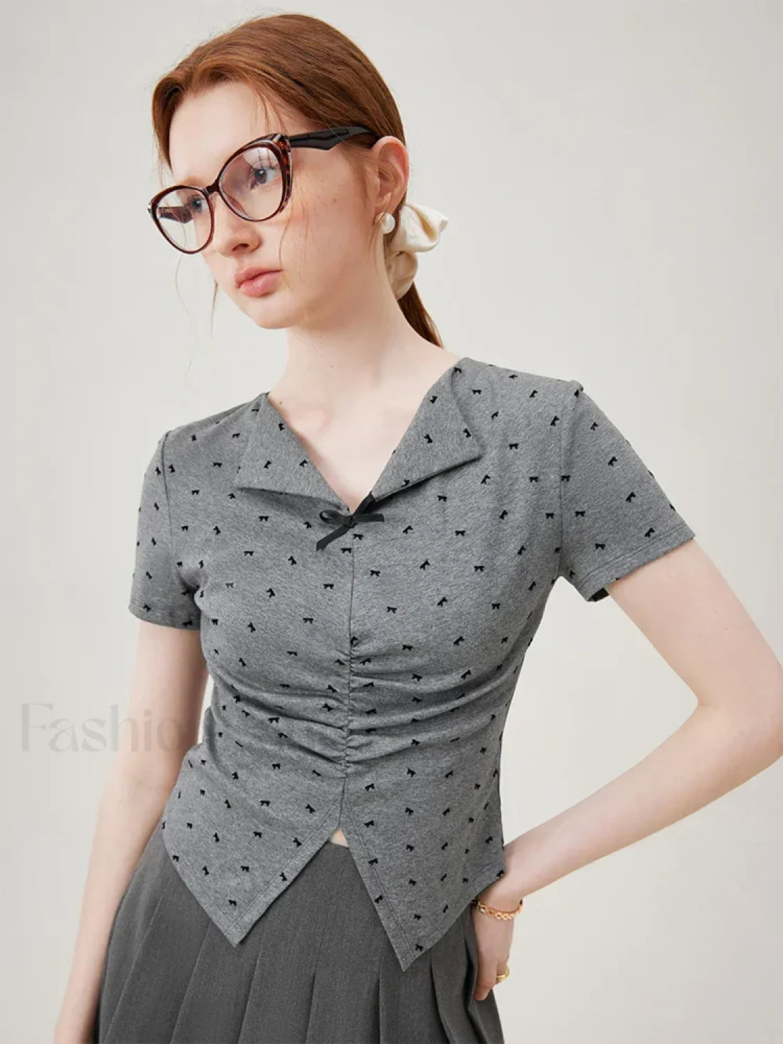 Bowknot Lapel Tight Knit Casual T-Shirt