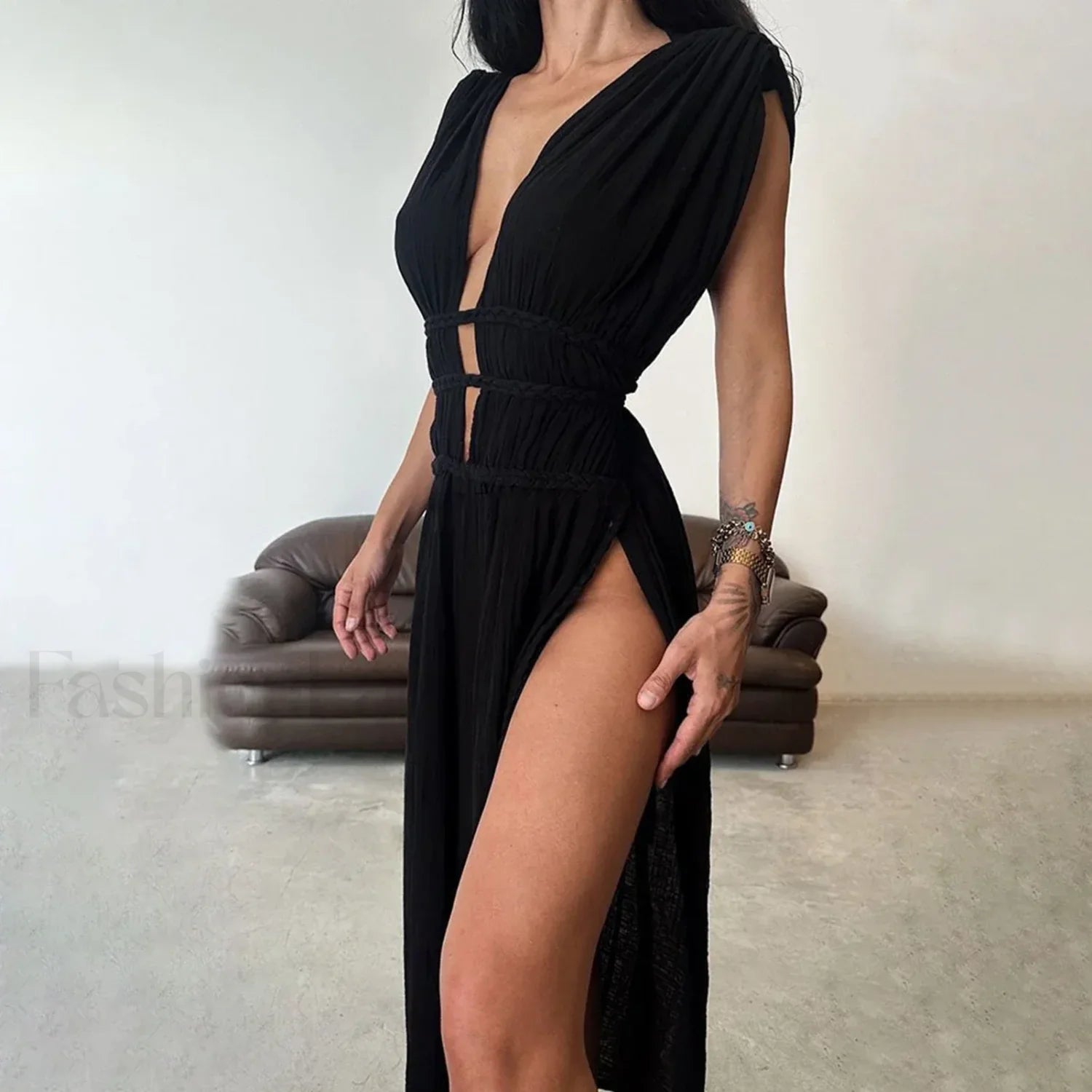 Braided Rope Off Shoulder Boho Dress Black / One Size