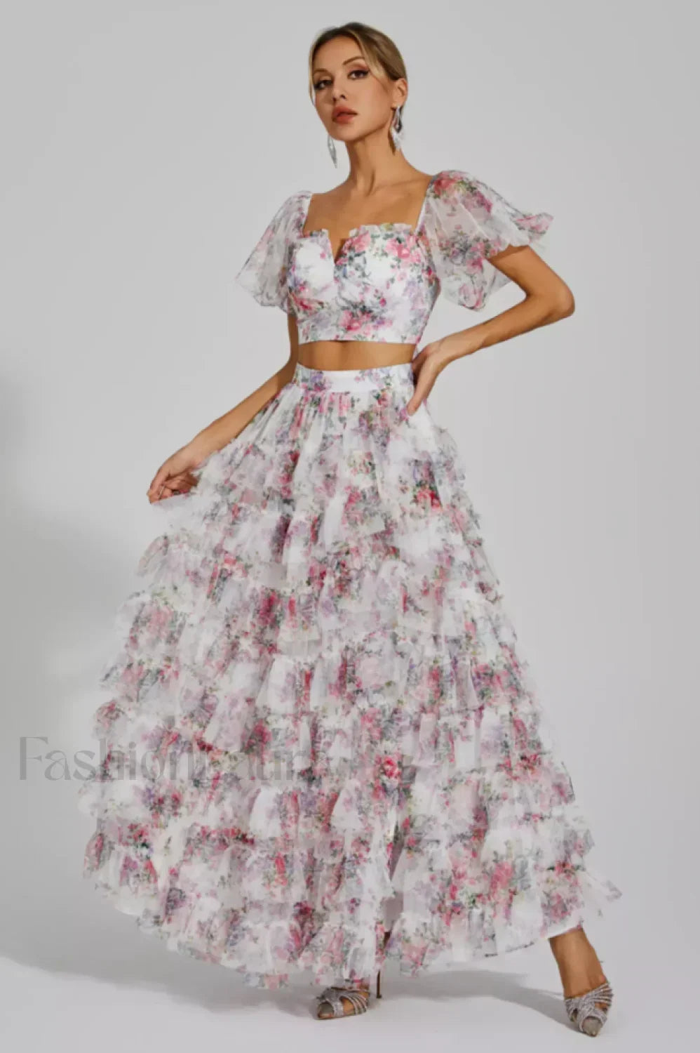 Braylee Purple Stylish Floral Ruched Set