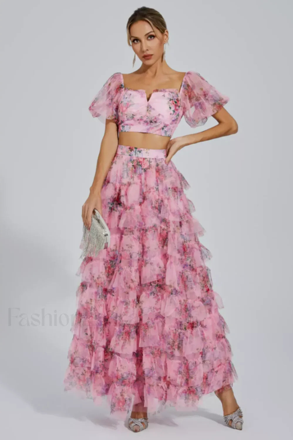 Braylee Purple Stylish Floral Ruched Set