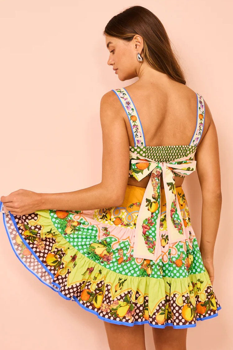 Breezy Fruit Print Square Neck Bow Tie Cutout Tiered Vacation Mini Sundress
