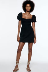 Breezy Ruched Square Neck Puff Sleeve Lace Up Back Party Mini Dress - Black 3