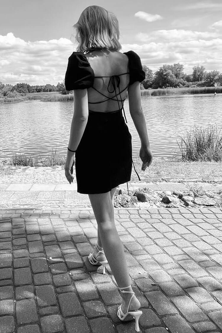 Breezy Ruched Square Neck Puff Sleeve Lace Up Back Party Mini Dress - Black 4