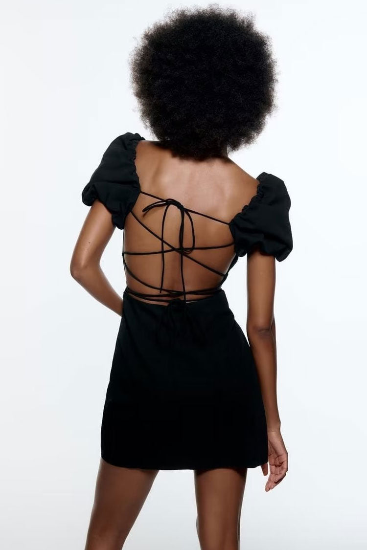Breezy Ruched Square Neck Puff Sleeve Lace Up Back Party Mini Dress - Black 2