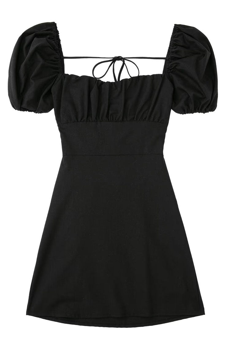 Breezy Ruched Square Neck Puff Sleeve Lace Up Back Party Mini Dress - Black 5