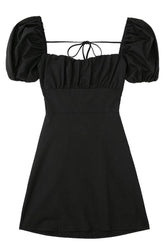 Breezy Ruched Square Neck Puff Sleeve Lace Up Back Party Mini Dress - Black 5