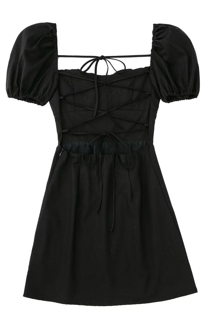 Breezy Ruched Square Neck Puff Sleeve Lace Up Back Party Mini Dress - Black 6