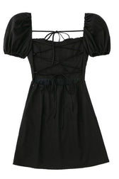Breezy Ruched Square Neck Puff Sleeve Lace Up Back Party Mini Dress - Black 6