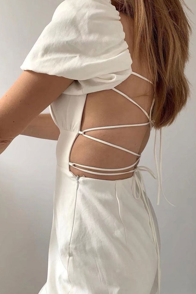 Breezy Ruched Square Neck Puff Sleeve Lace Up Back Party Mini Dress - White 3