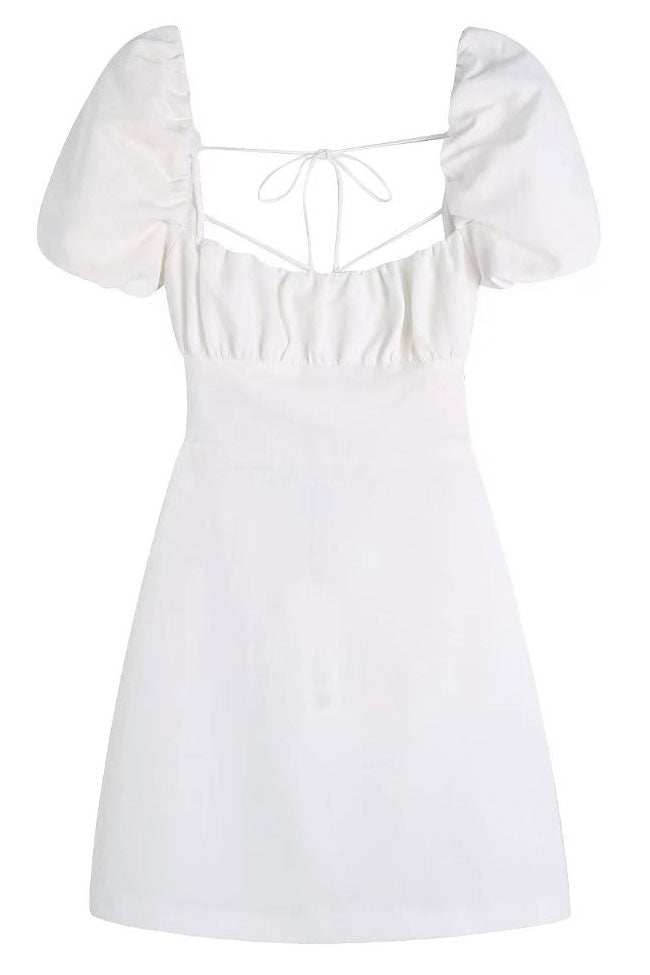 Breezy Ruched Square Neck Puff Sleeve Lace Up Back Party Mini Dress - White 4