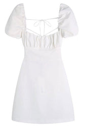 Breezy Ruched Square Neck Puff Sleeve Lace Up Back Party Mini Dress - White 4