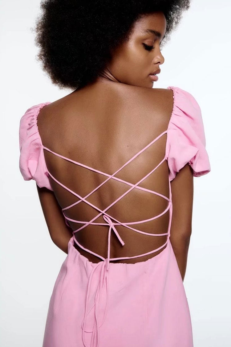 Puff Short Sleeve Criss Cross Lace Up Open Back Summer Dress