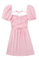 Breezy Ruched Square Neck Puff Sleeve Lace Up Back Party Mini Dress - Pink 4