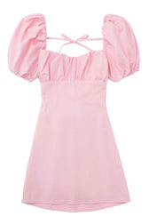 Breezy Ruched Square Neck Puff Sleeve Lace Up Back Party Mini Dress - Pink 5