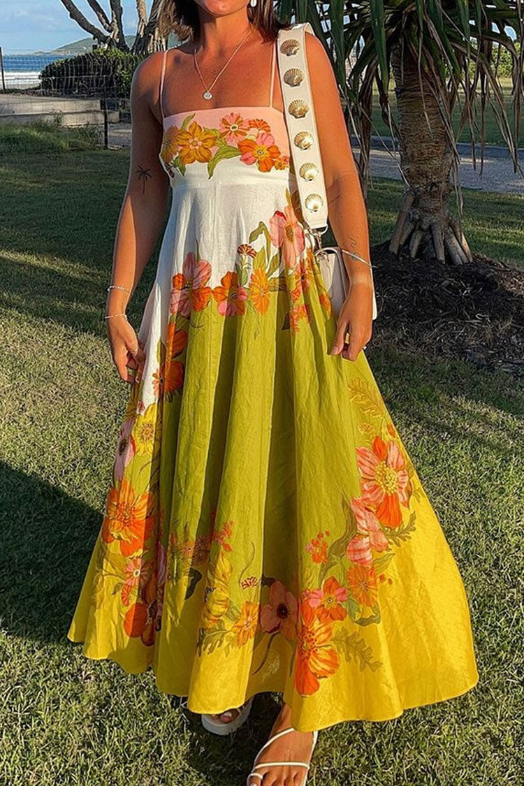 Breezy Square Neck Empire Waist Linen Blend Vacation Floral Maxi Sundress