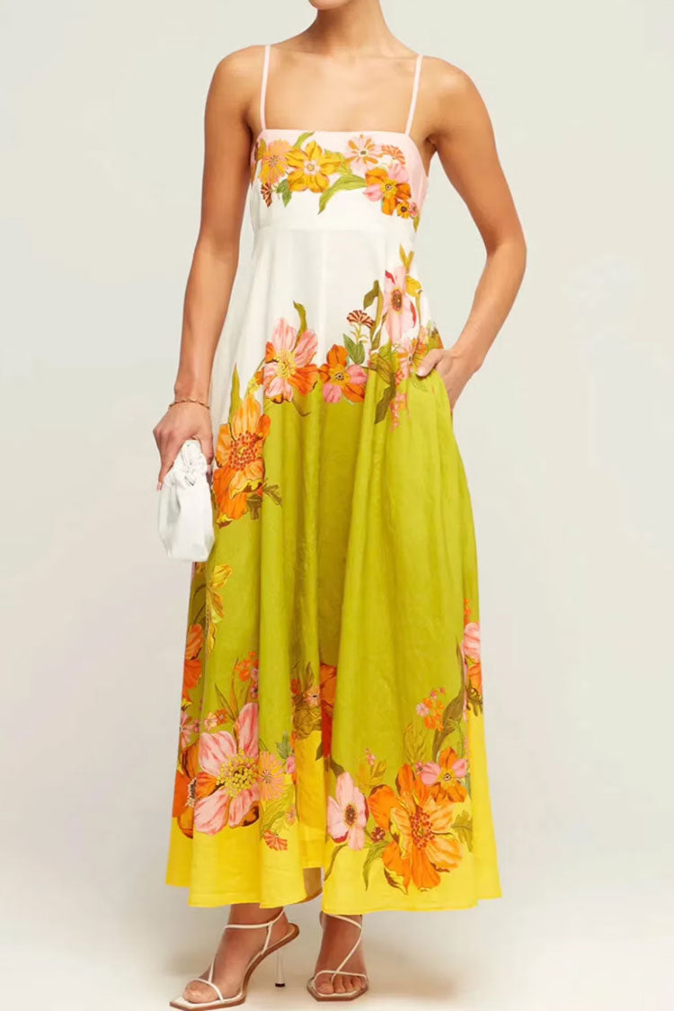 Breezy Square Neck Empire Waist Linen Blend Vacation Floral Maxi Sundress