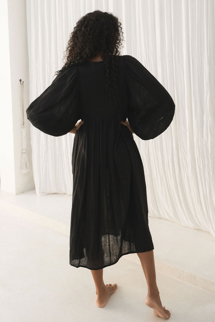 Breezy Tie Neck Balloon Sleeve Cotton Linen Babydoll Beach Vacation Midi Dress