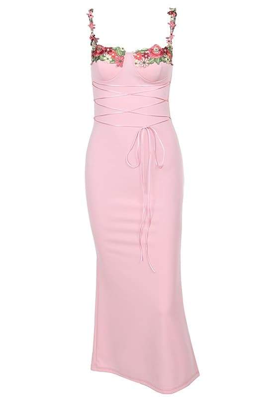 Leonor Chic Midi Dress with Flower Embroidery and Laces Elevated Occasion Wear