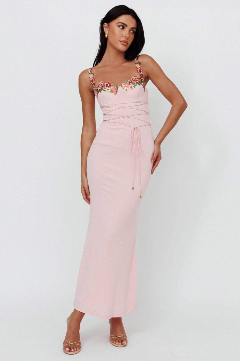 Leonor Chic Midi Dress with Flower Embroidery and Laces Elevated Occasion Wear