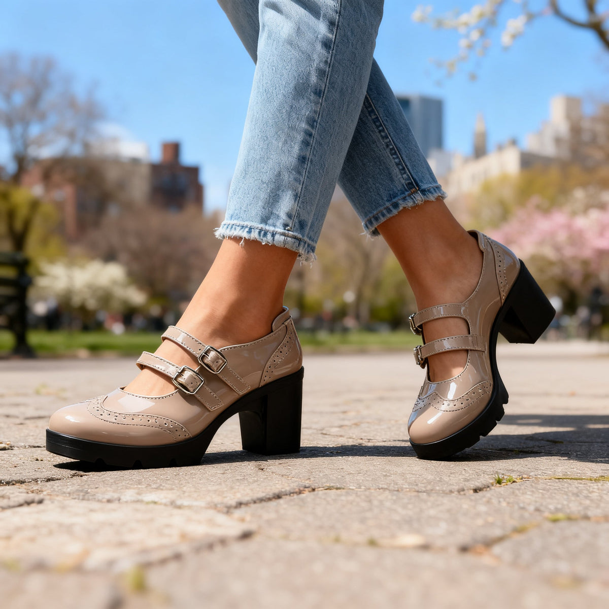Round Toe Double Buckle Strap Platform Block Heel Mary Jane Pumps 2
