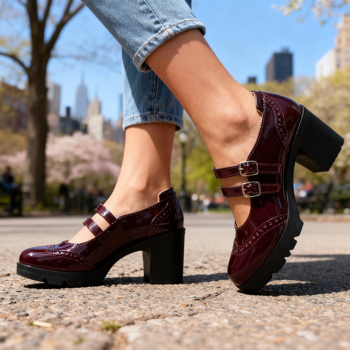 Round Toe Double Buckle Strap Platform Block Heel Mary Jane Pumps 3