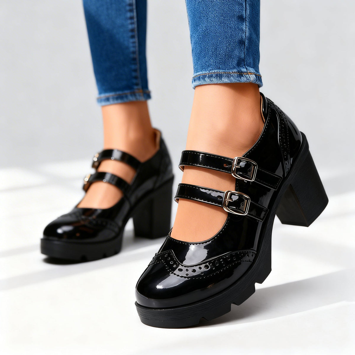 Round Toe Double Buckle Strap Platform Block Heel Mary Jane Pumps 4