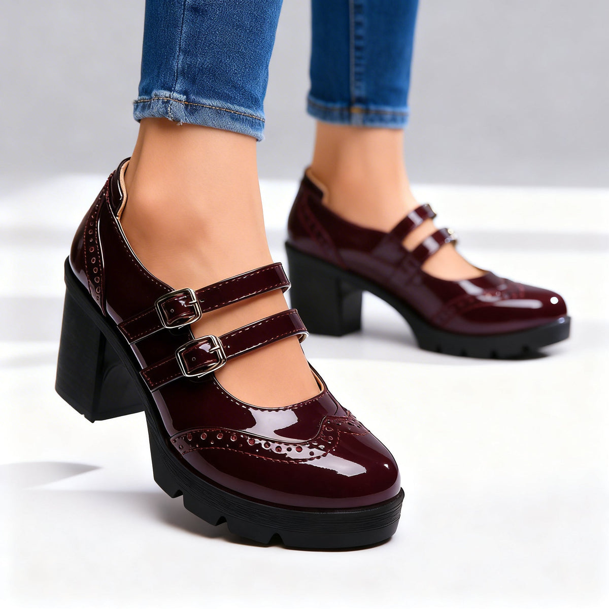 Round Toe Double Buckle Strap Platform Block Heel Mary Jane Pumps 6