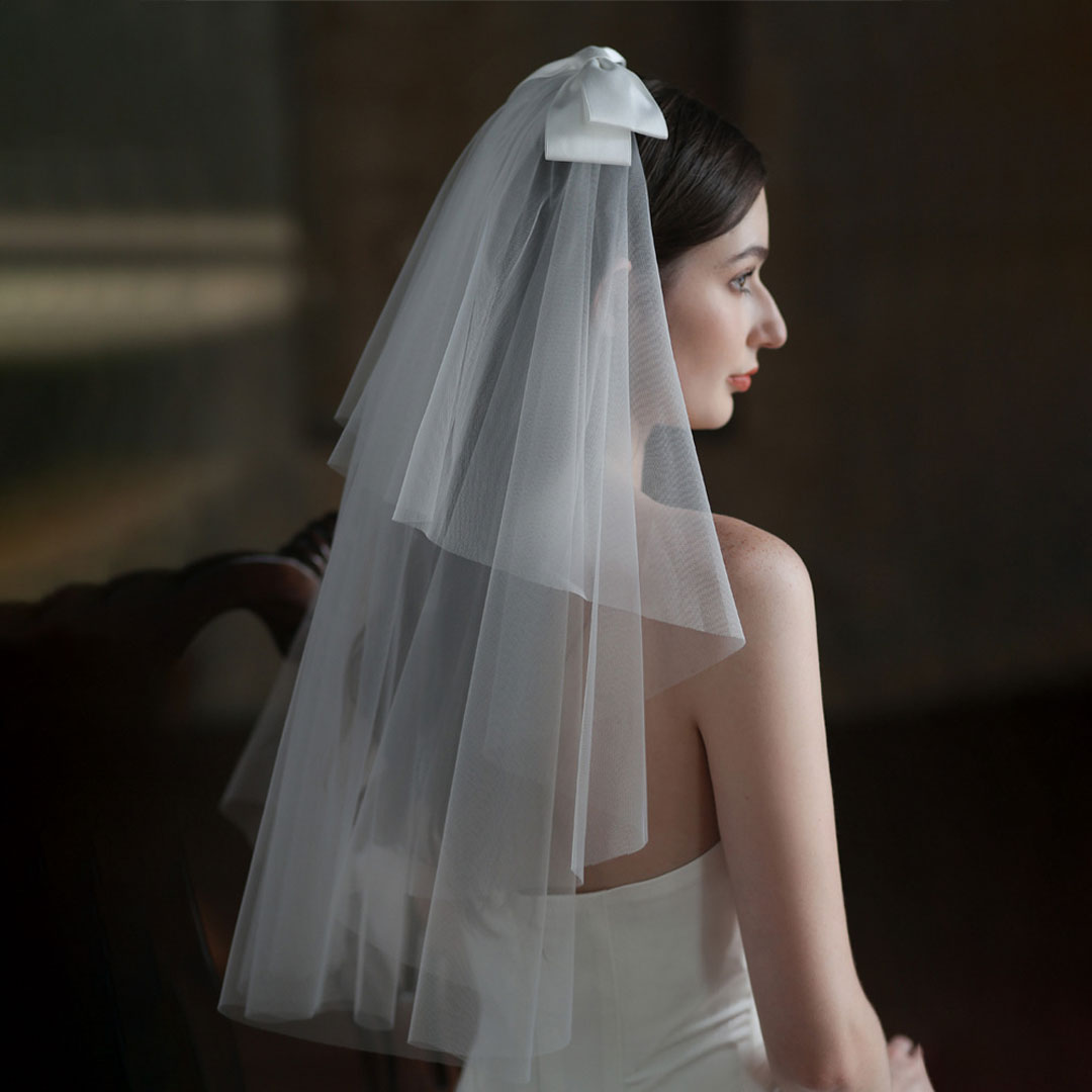 Bride To Be Cascading Layered Soft Tulle Silky Ribbon Bow Veil