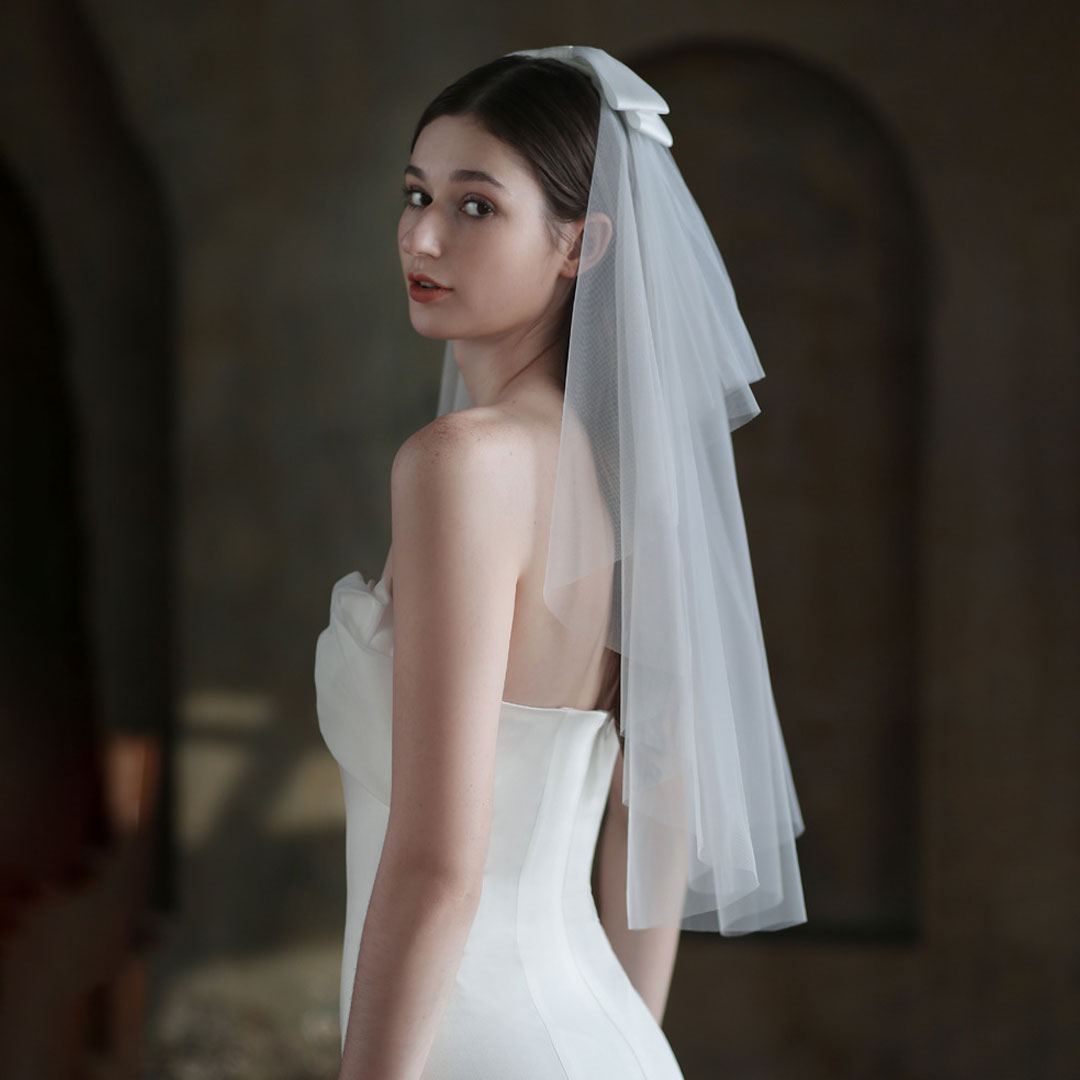 Bride To Be Cascading Layered Soft Tulle Silky Ribbon Bow Veil