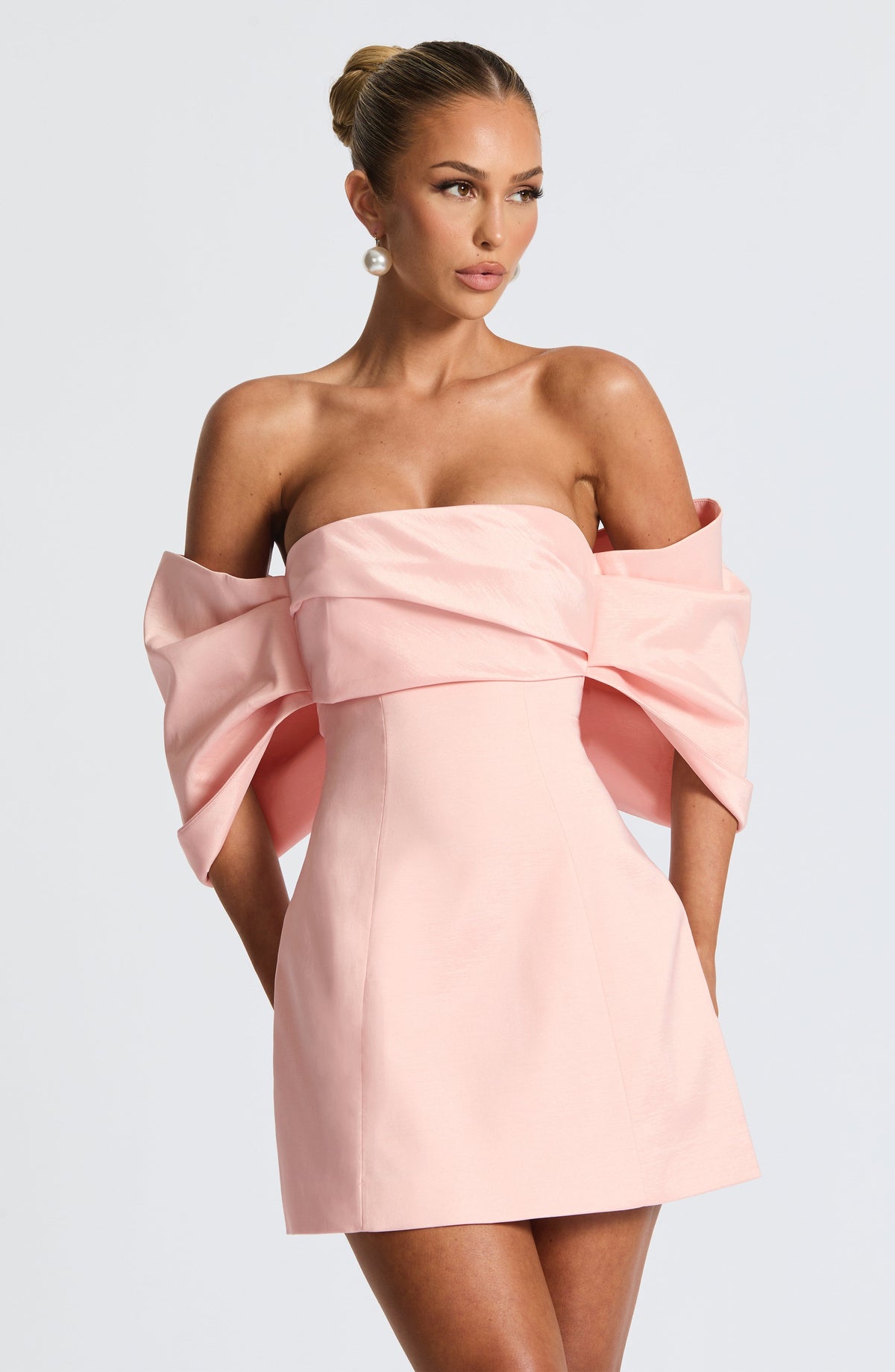 Off Shoulder Oversized Bow Sleeve Structured A-Line Mini Dress