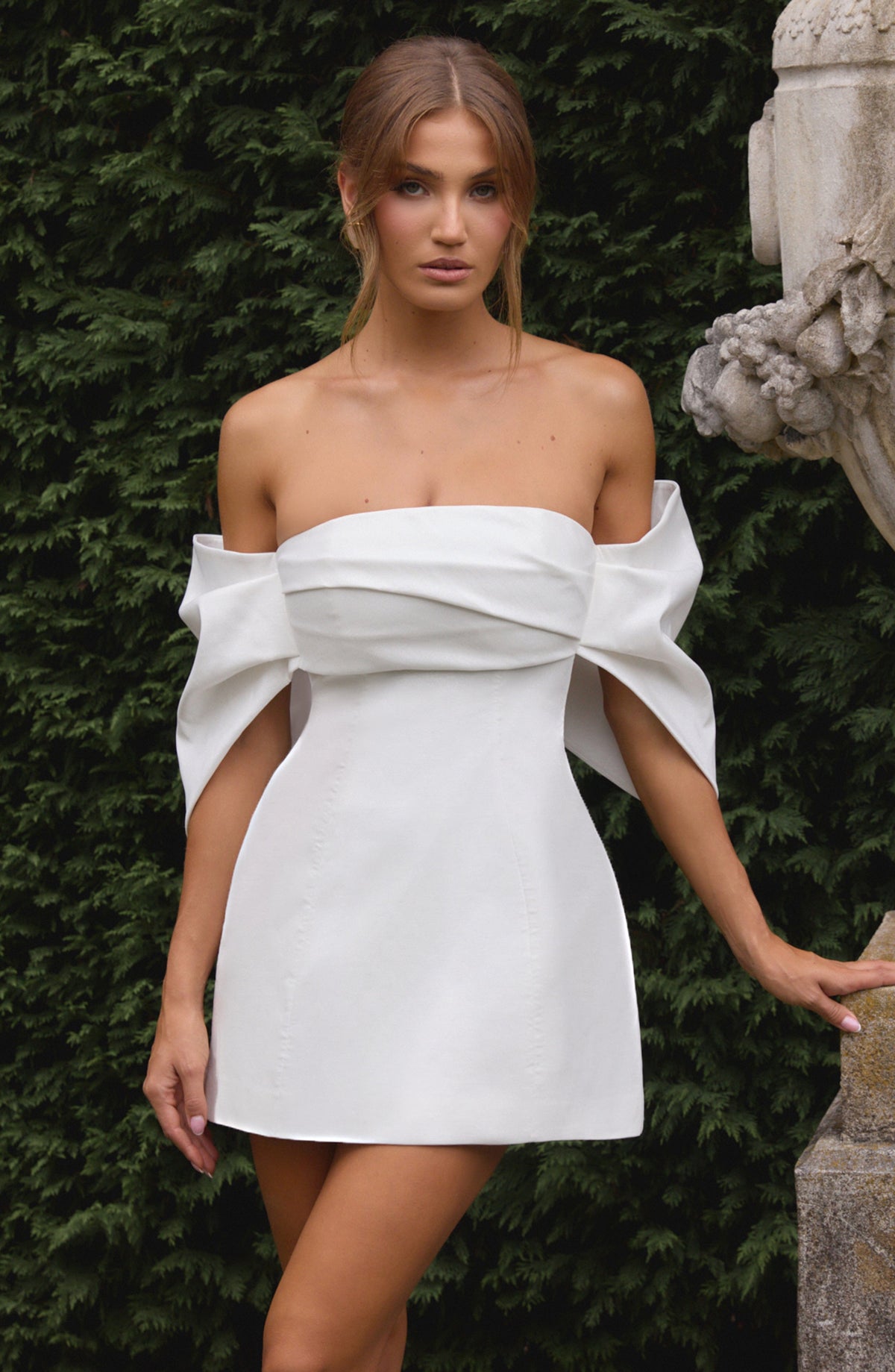 Off Shoulder Folded Bow Sleeve Fitted A-Line Mini Dress