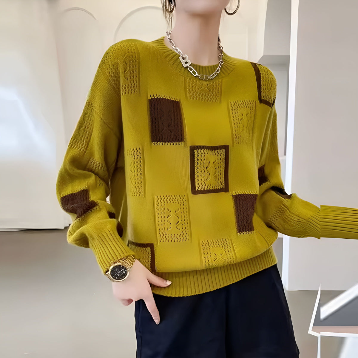 Patchwork Pointelle Crew Neck Drop Shoulder Sweater