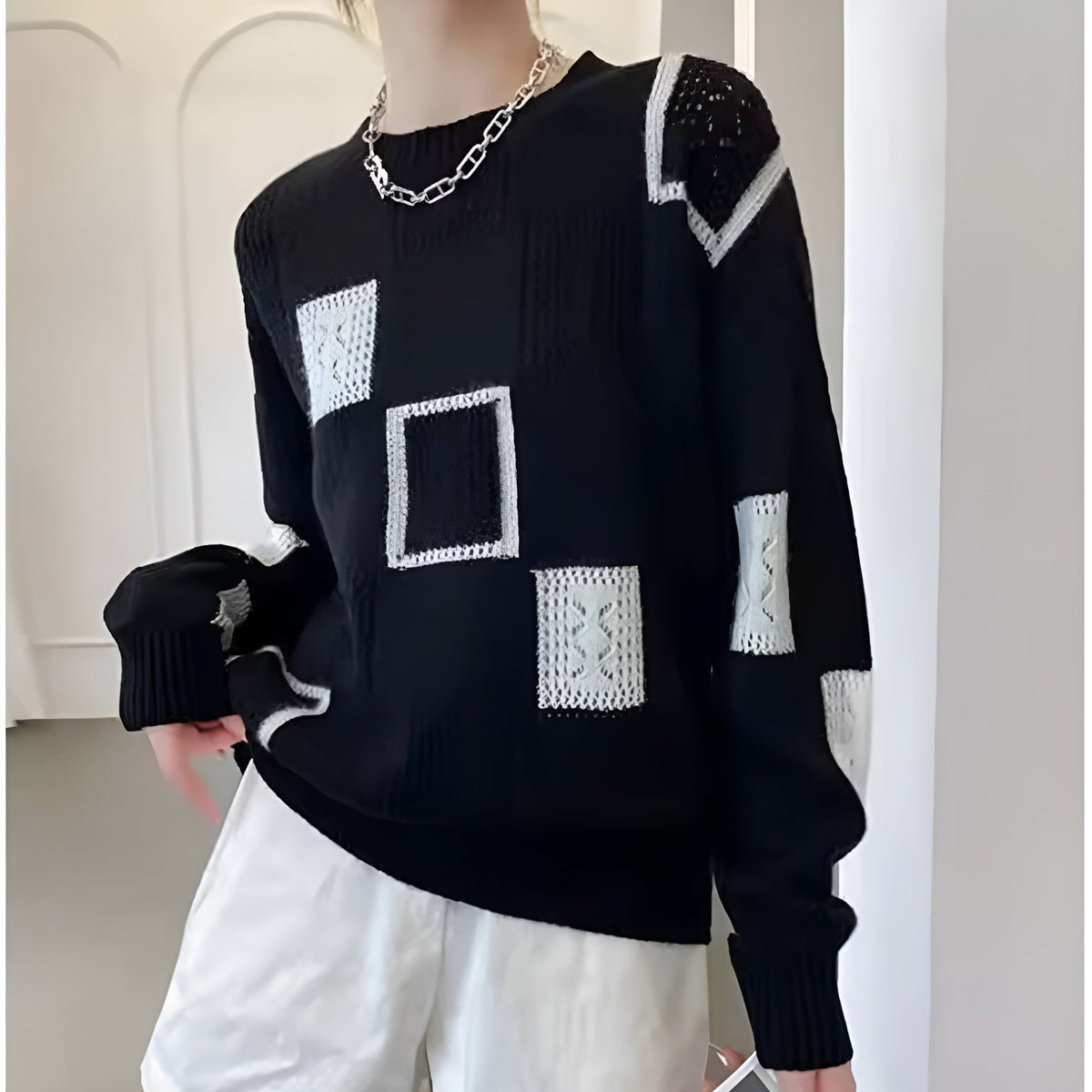 Patchwork Pointelle Crew Neck Drop Shoulder Sweater
