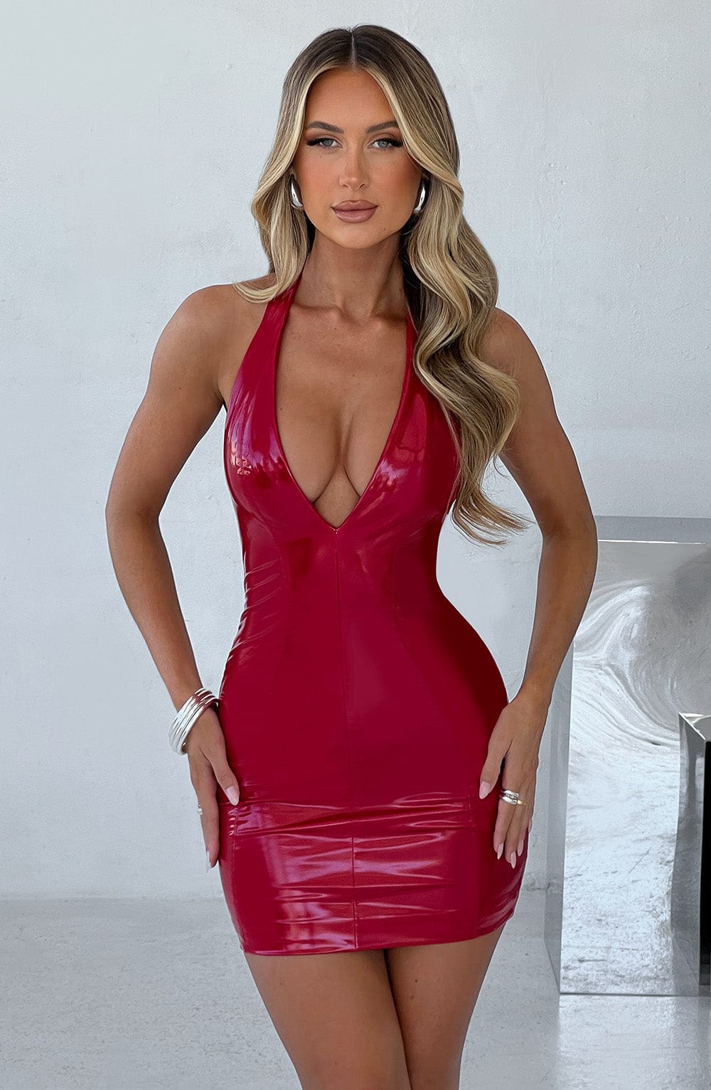 Faux Leather Vinyl Plunge Halter Neck Bodycon Mini Dress 3