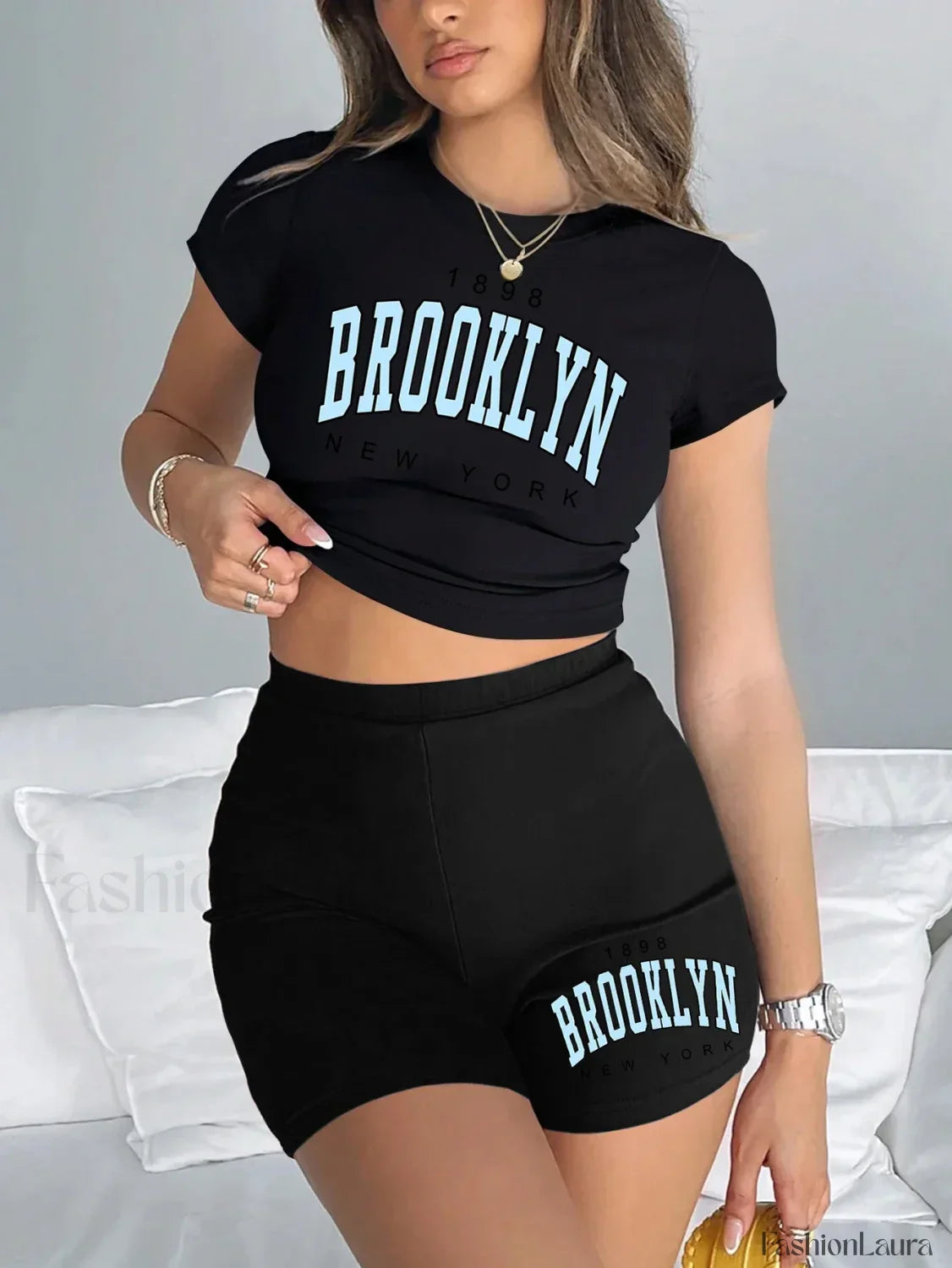 Brooklyn New York Print Slim Crop T-Shirt & Pants