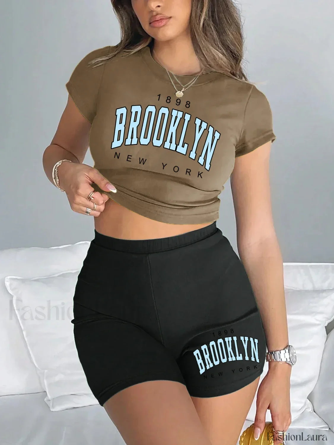 Brooklyn New York Print Slim Crop T-Shirt & Pants