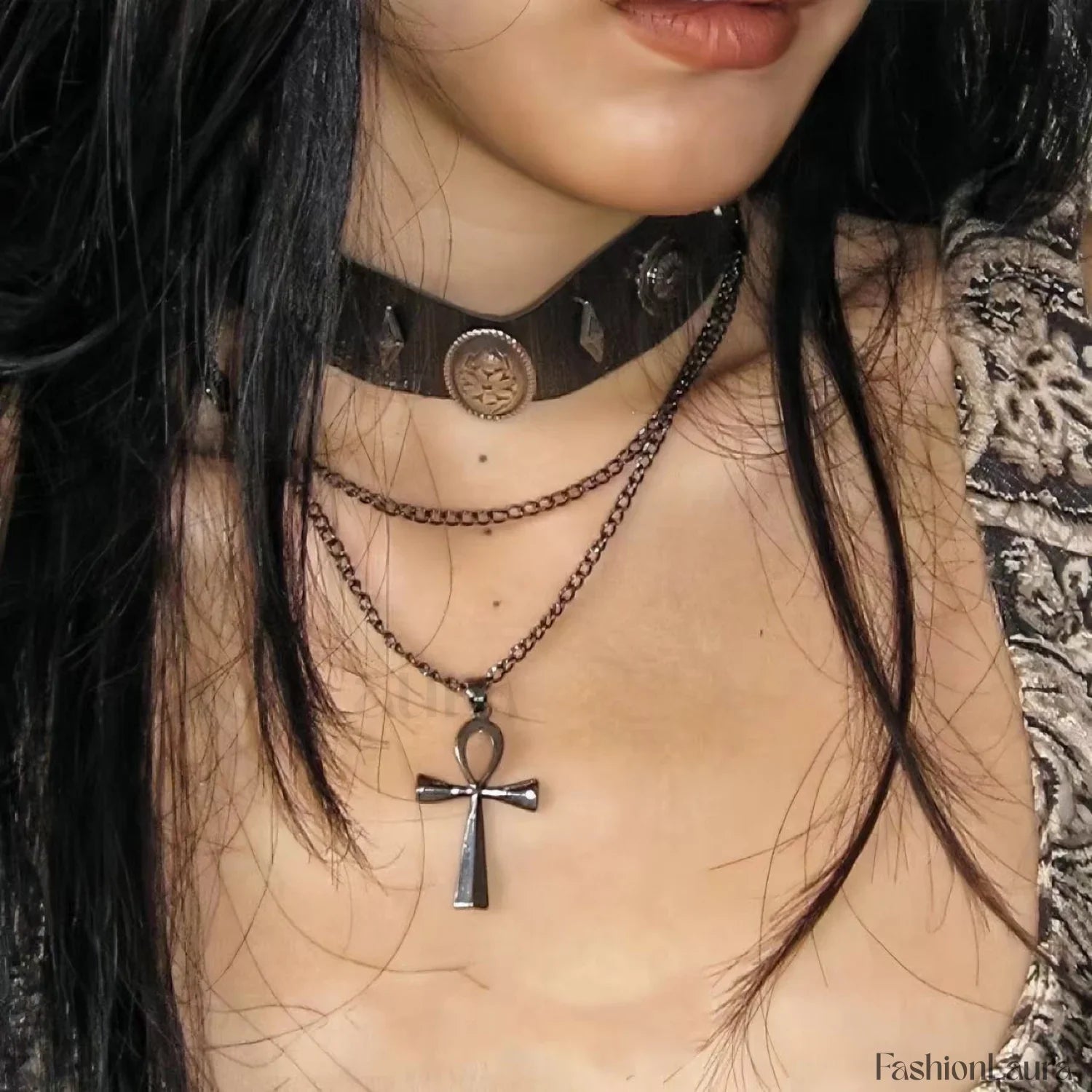 Brown Leather Layered Cross Choker with Roman Rivets
