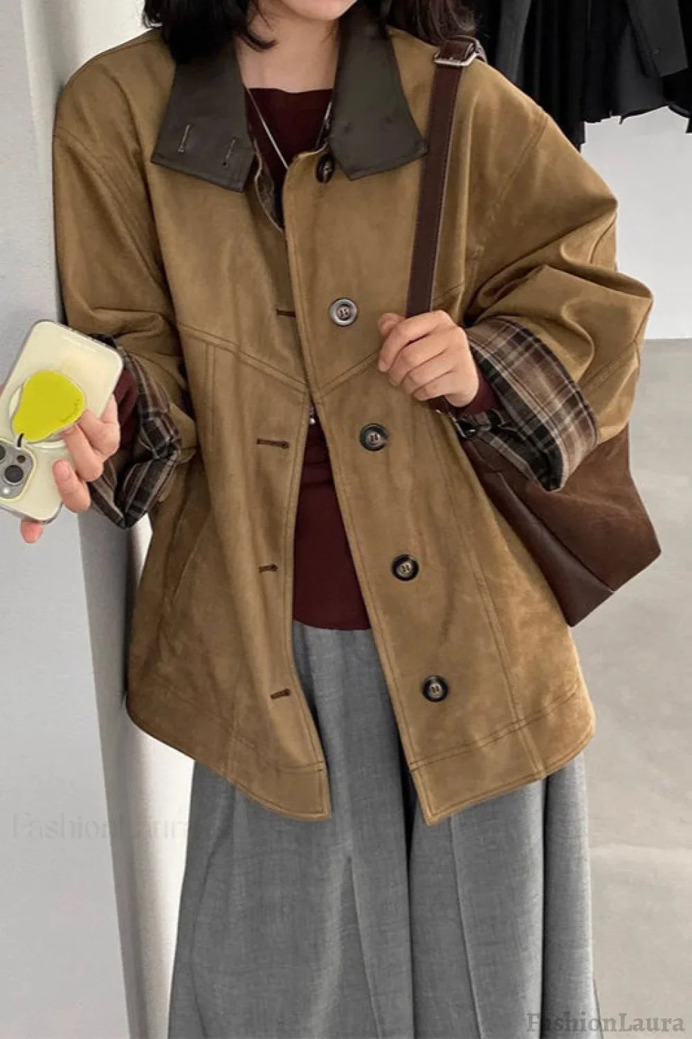 Brown Stand Collar Plaid Suede Jacket