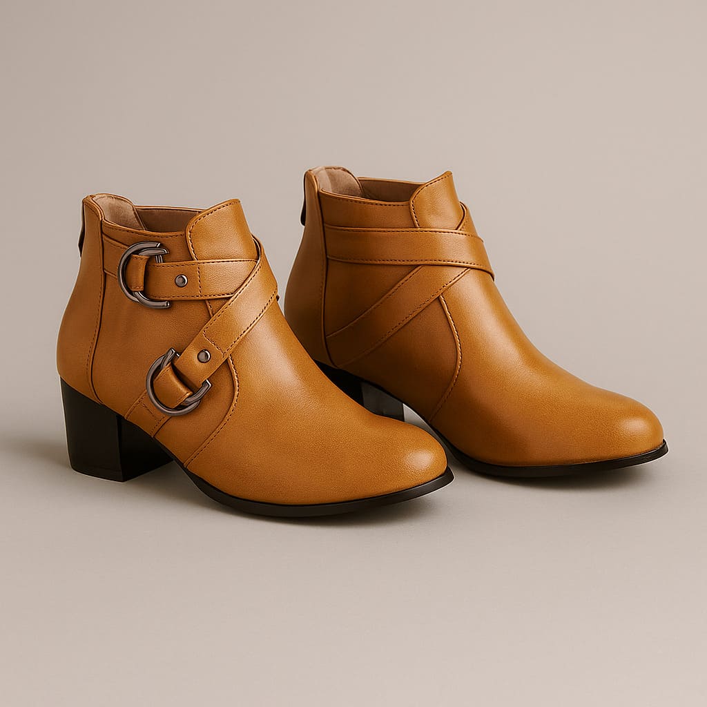 Almond Toe Crossover Buckle Strap Block Heel Ankle Boots