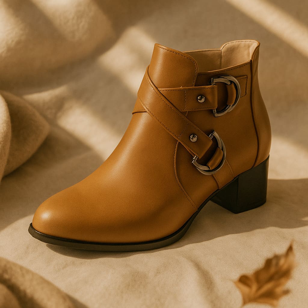 Almond Toe Crossover Buckle Strap Block Heel Ankle Boots