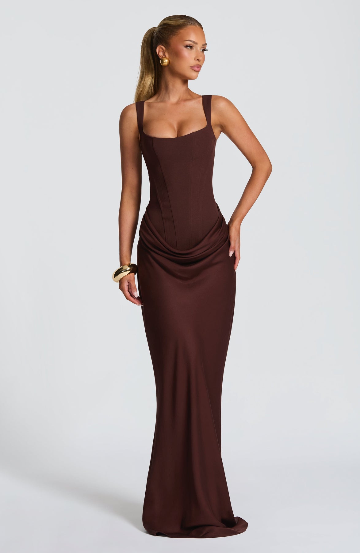 Corset Bodice Square Neck Draped Hip Sleeveless Maxi Dress 9