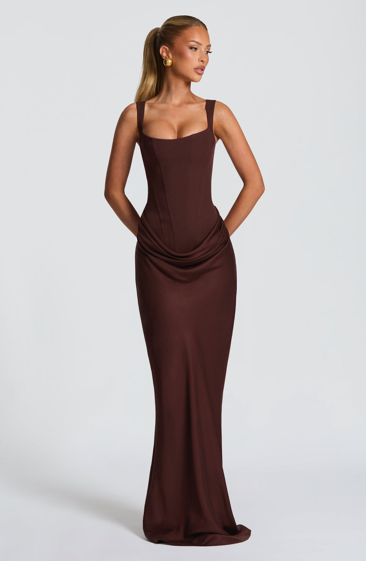 Corset Bodice Square Neck Draped Hip Sleeveless Maxi Dress 10